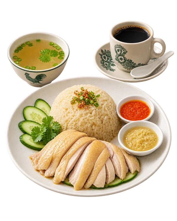 Set Chicken Rice MUU with chicken rice, soup and hot kopi