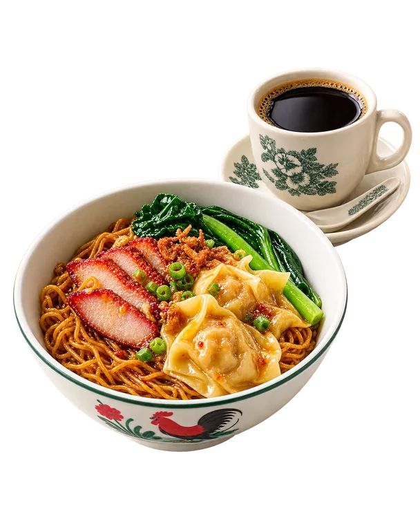 Set Chicken Wanton Mee MUU with dry wanton mee and hot kopi