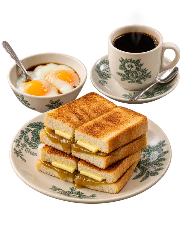 Set Sarapan MUU with kaya butter toast, half-boiled kampung eggs and hot kopi