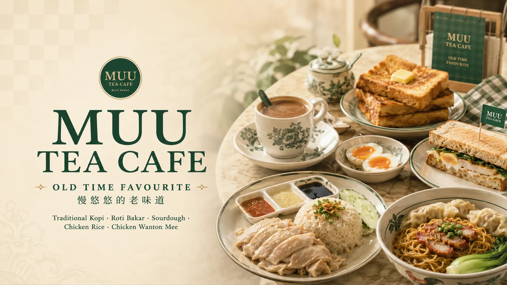 MUU TEA CAFE signature spread with kopi, roti bakar, sourdough sandwich, chicken rice and chicken wanton mee